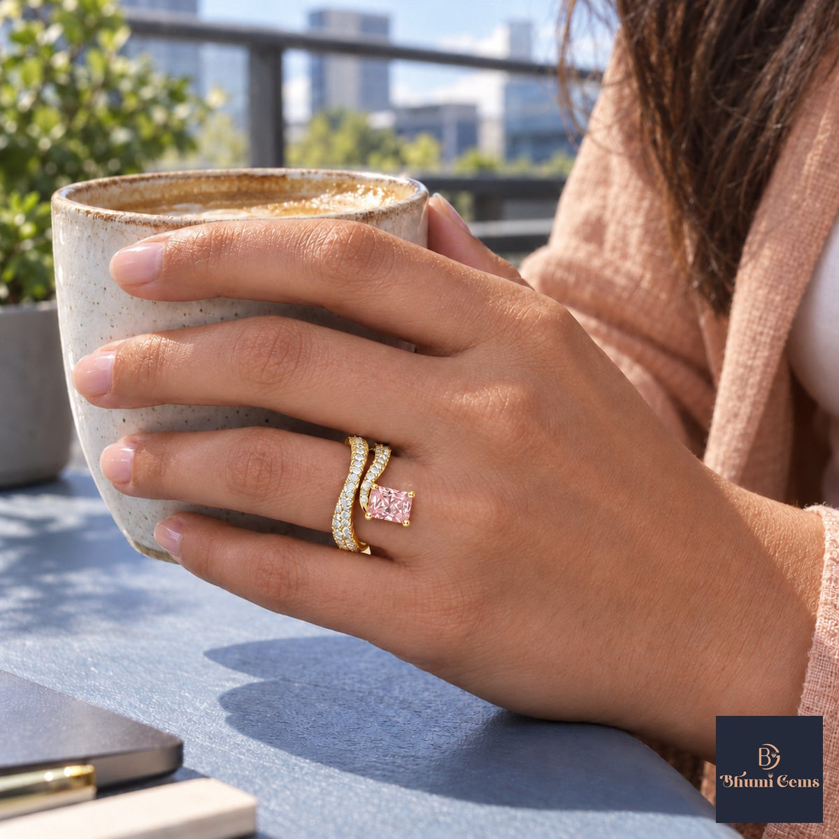 Pink Radiant Cut Lab Grown Diamond Engagement Ring - Pave Wrap Bypass in yellow gold, on the hand