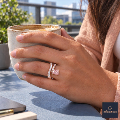 Pink Radiant Cut Lab Grown Diamond Engagement Ring - Pave Wrap Bypass in rose gold, on the hand