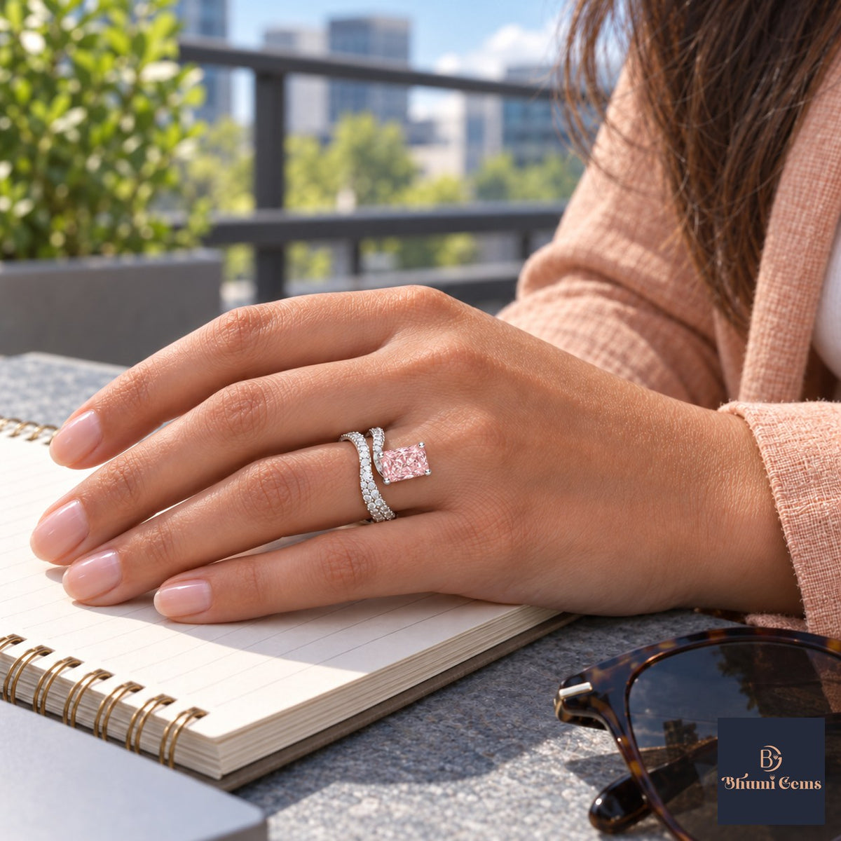 Pink Radiant Cut Lab Grown Diamond Engagement Ring - Pave Wrap Bypass in white gold, worn on the hand