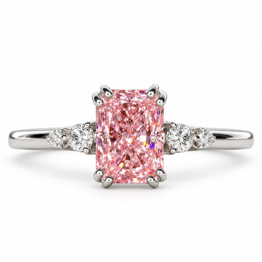 Pink Radiant Cut Lab Grown Diamond Engagement Ring - Round Accents in white gold, front view
