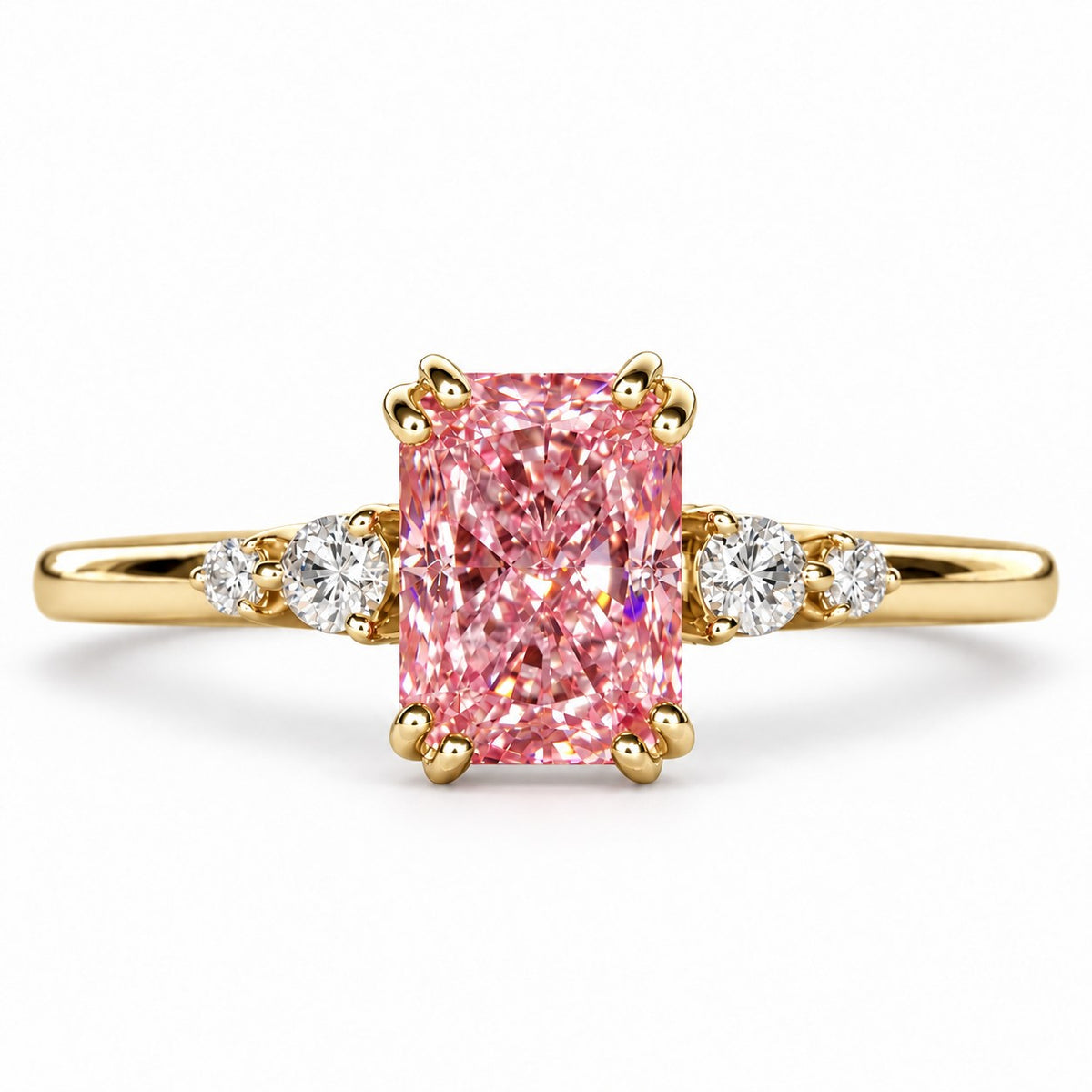 Pink Radiant Cut Lab Grown Diamond Engagement Ring - Round Accents in yellow gold, front view