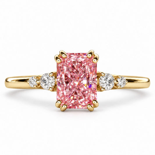 Pink Radiant Cut Lab Grown Diamond Engagement Ring - Round Accents in yellow gold, front view