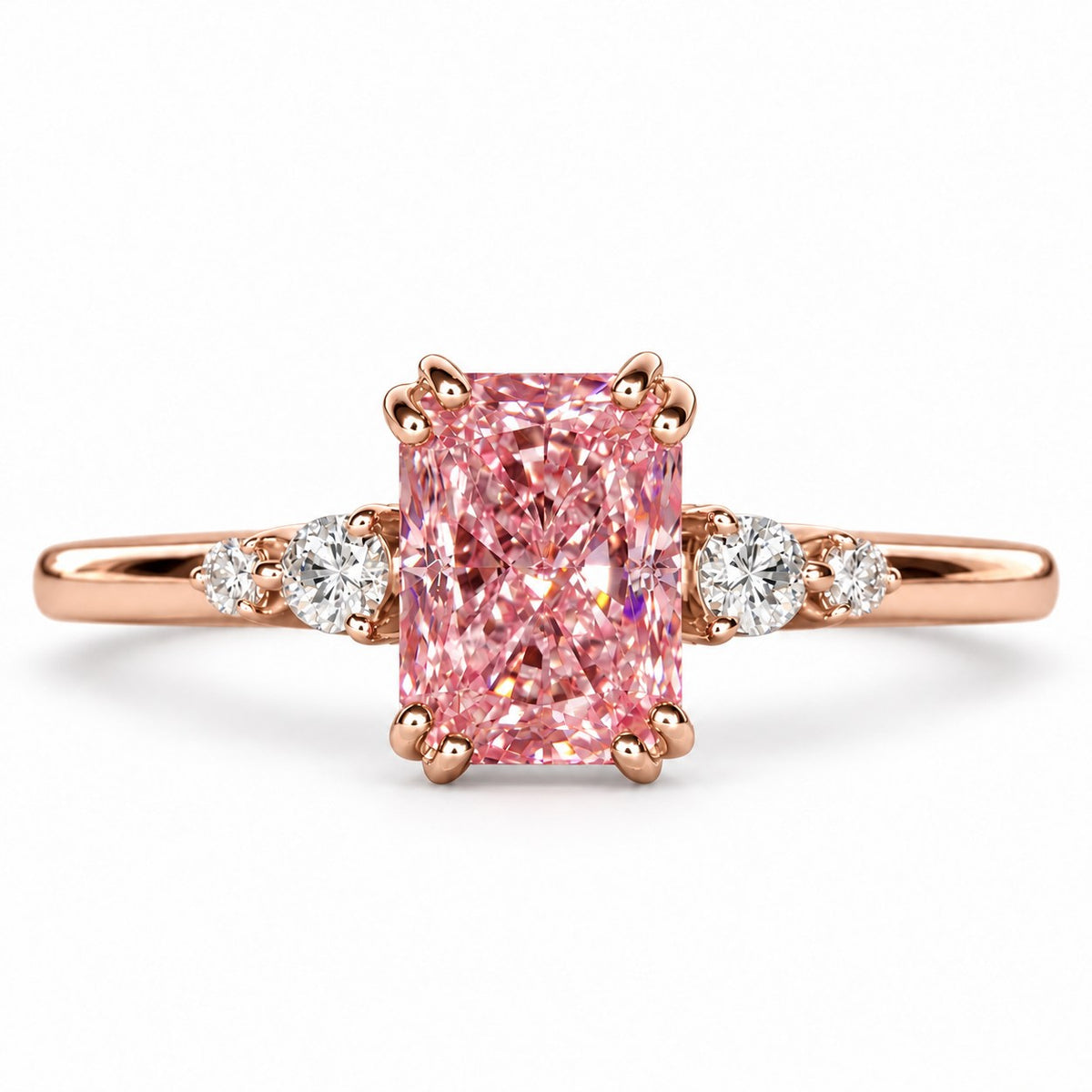Pink Radiant Cut Lab Grown Diamond Engagement Ring - Round Accents in rose gold, front view