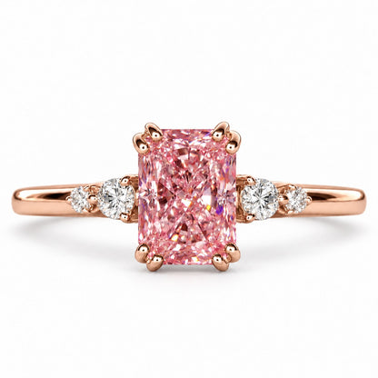 Pink Radiant Cut Lab Grown Diamond Engagement Ring - Round Accents in rose gold, front view