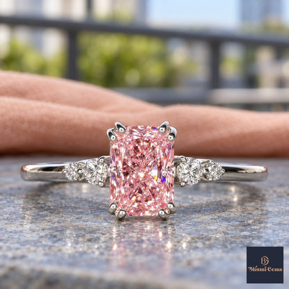 Pink Radiant Cut Lab Grown Diamond Engagement Ring - Round Accents in white gold, close-up