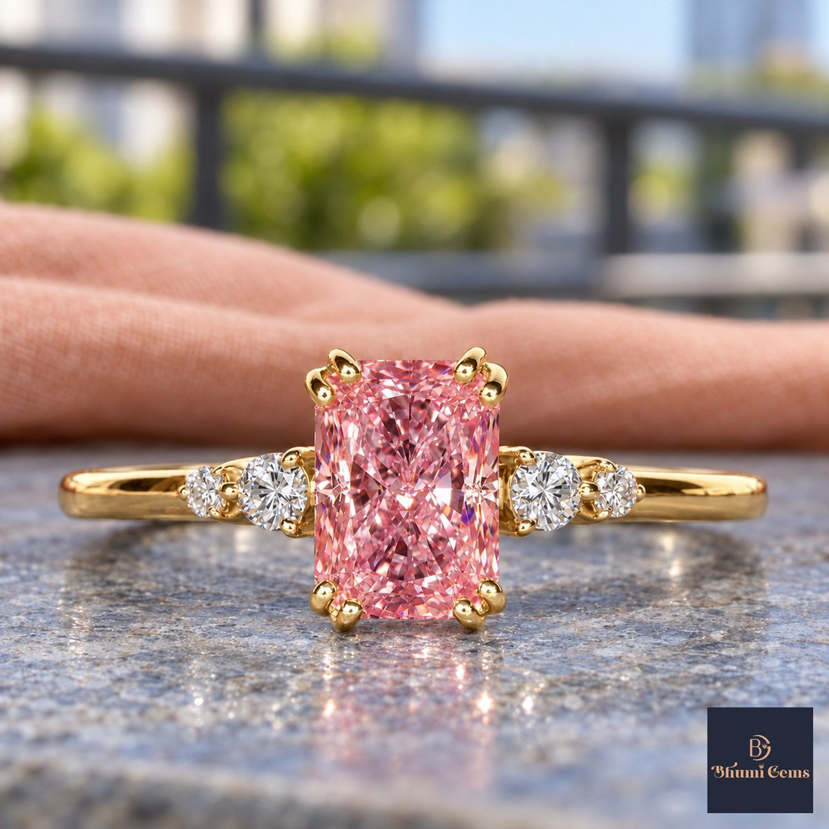 Pink Radiant Cut Lab Grown Diamond Engagement Ring - Round Accents in yellow gold, close-up