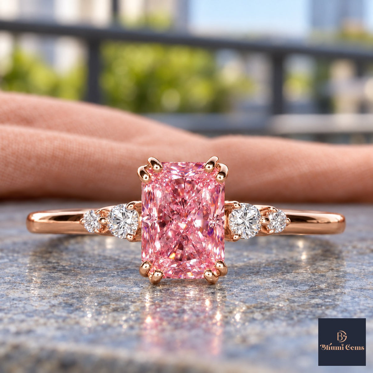 Pink Radiant Cut Lab Grown Diamond Engagement Ring - Round Accents in rose gold, close-up
