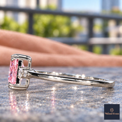 Pink Radiant Cut Lab Grown Diamond Engagement Ring - Round Accents in white gold, side view