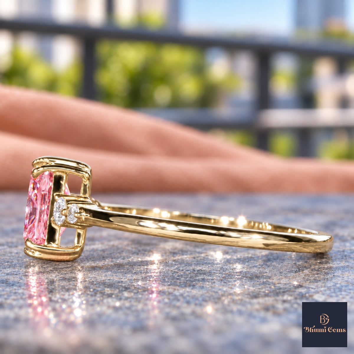Pink Radiant Cut Lab Grown Diamond Engagement Ring - Round Accents in yellow gold, side view