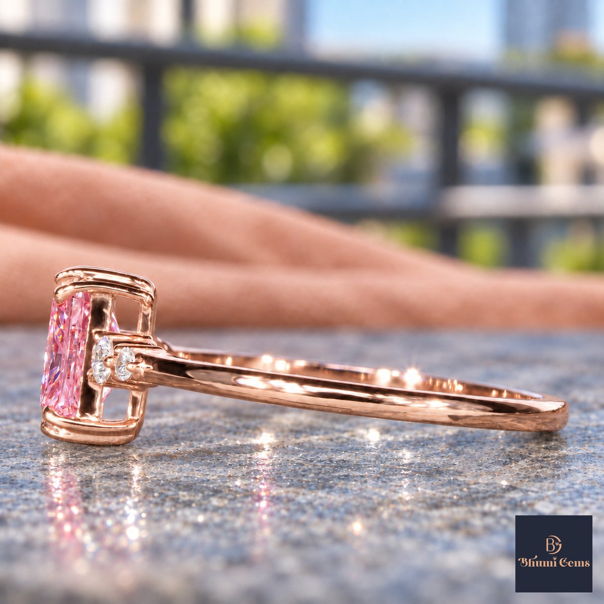 Pink Radiant Cut Lab Grown Diamond Engagement Ring - Round Accents in rose gold, side view