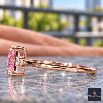 Pink Radiant Cut Lab Grown Diamond Engagement Ring - Round Accents in rose gold, side view