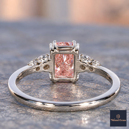 Pink Radiant Cut Lab Grown Diamond Engagement Ring - Round Accents in white gold, gallery view
