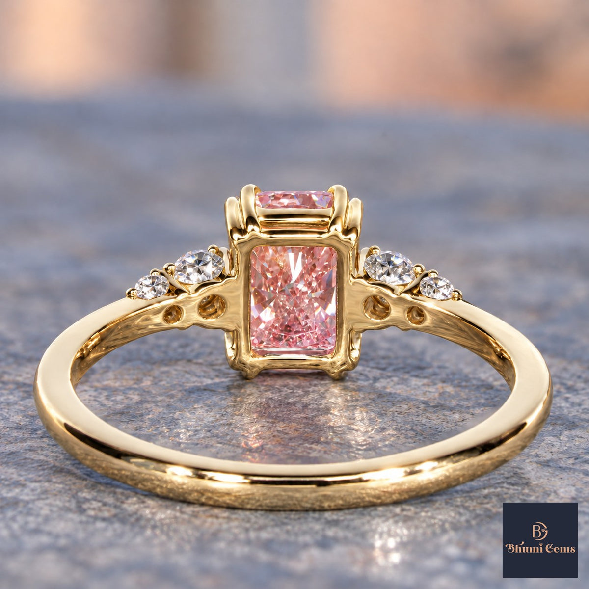 Pink Radiant Cut Lab Grown Diamond Engagement Ring - Round Accents in yellow gold, gallery view
