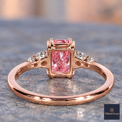 Pink Radiant Cut Lab Grown Diamond Engagement Ring - Round Accents in rose gold, gallery view