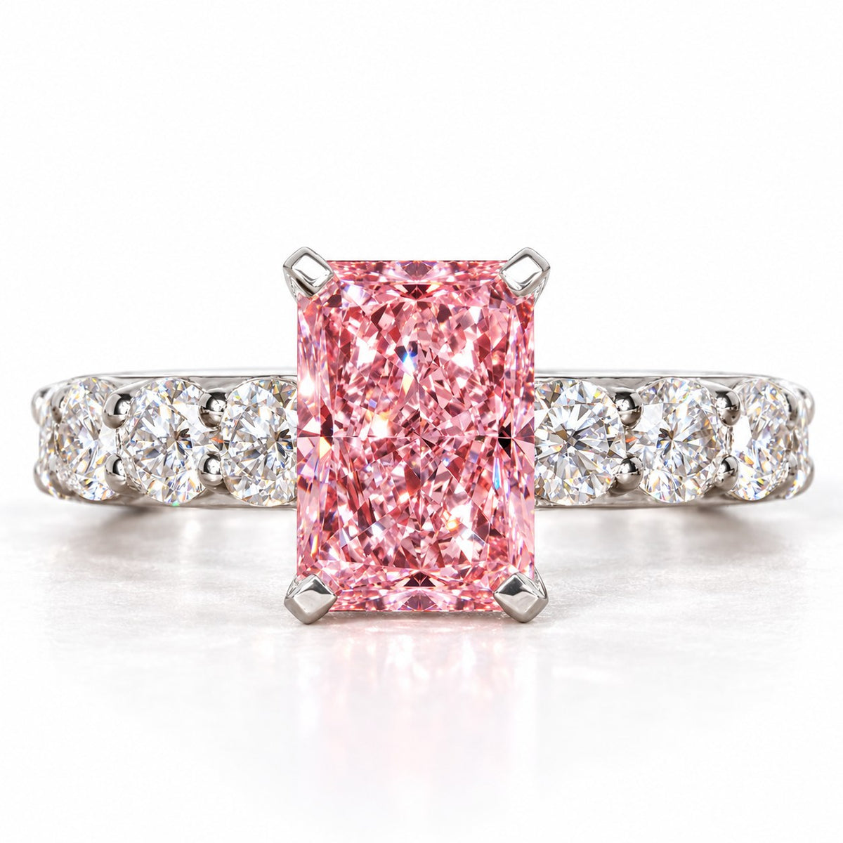 Pink Radiant Cut Lab Grown Diamond Engagement Ring - Shared Prong Band in white gold, front view