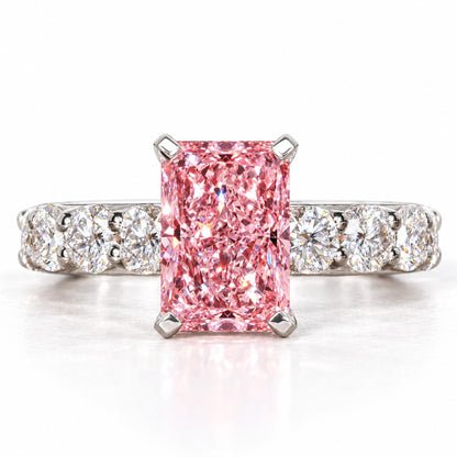 Pink Radiant Cut Lab Grown Diamond Engagement Ring - Shared Prong Band in white gold, front view