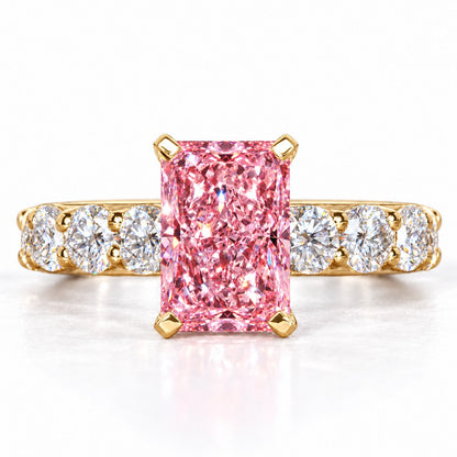 Pink Radiant Cut Lab Grown Diamond Engagement Ring - Shared Prong Band in yellow gold, front view