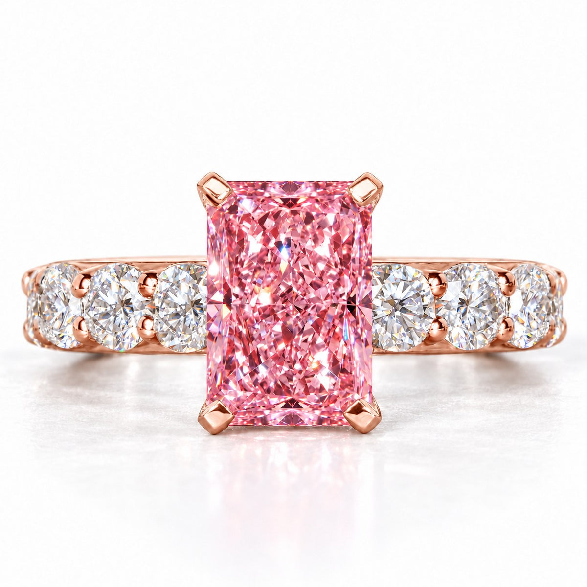 Pink Radiant Cut Lab Grown Diamond Engagement Ring - Shared Prong Band in rose gold, front view