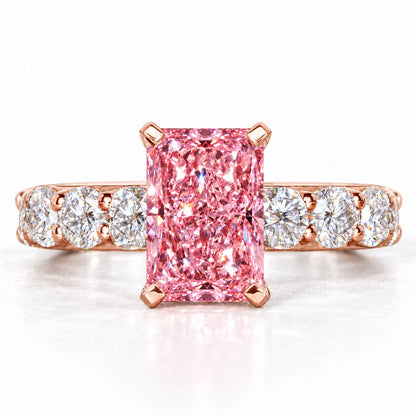 Pink Radiant Cut Lab Grown Diamond Engagement Ring - Shared Prong Band in rose gold, front view