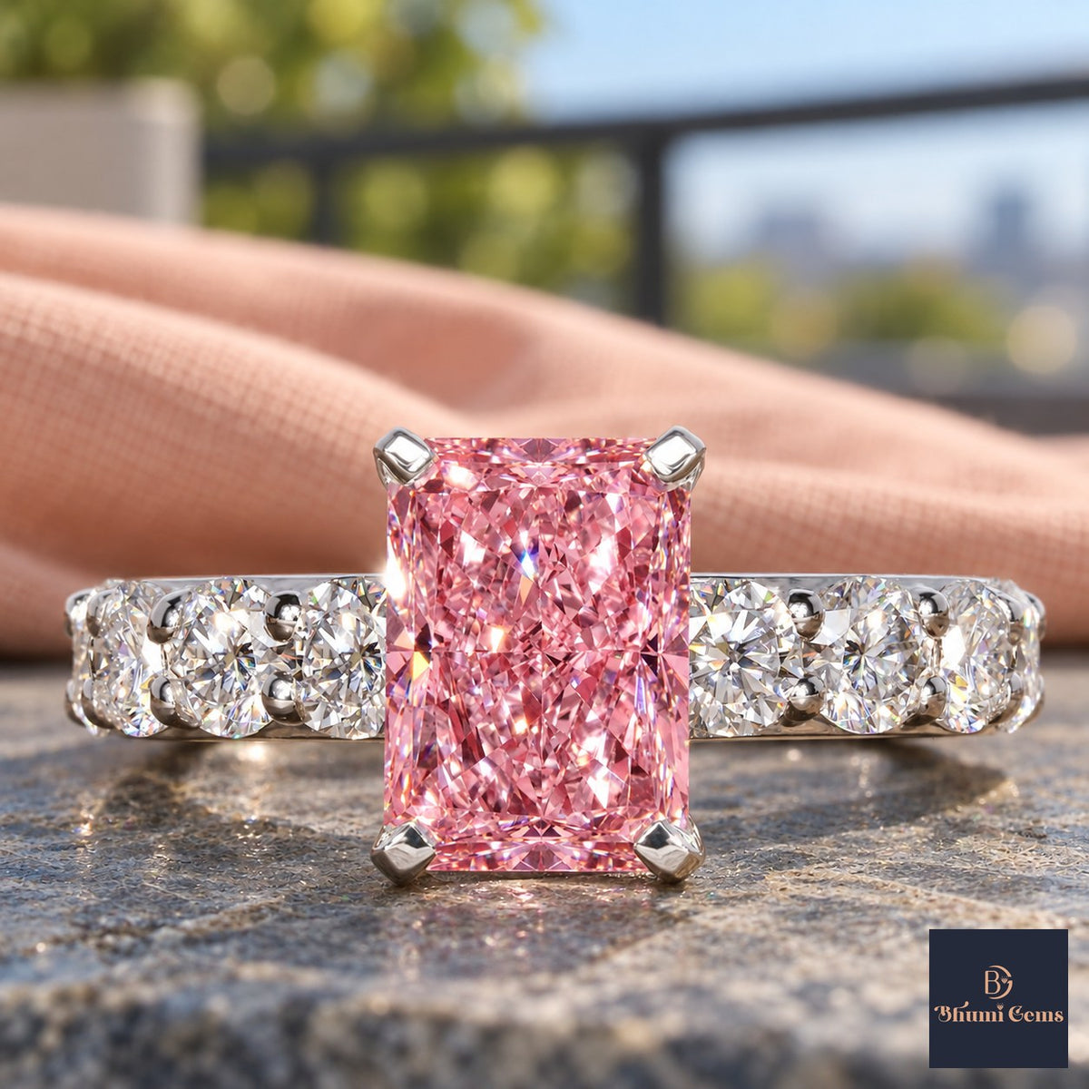 Pink Radiant Cut Lab Grown Diamond Engagement Ring - Shared Prong Band in white gold, close-up
