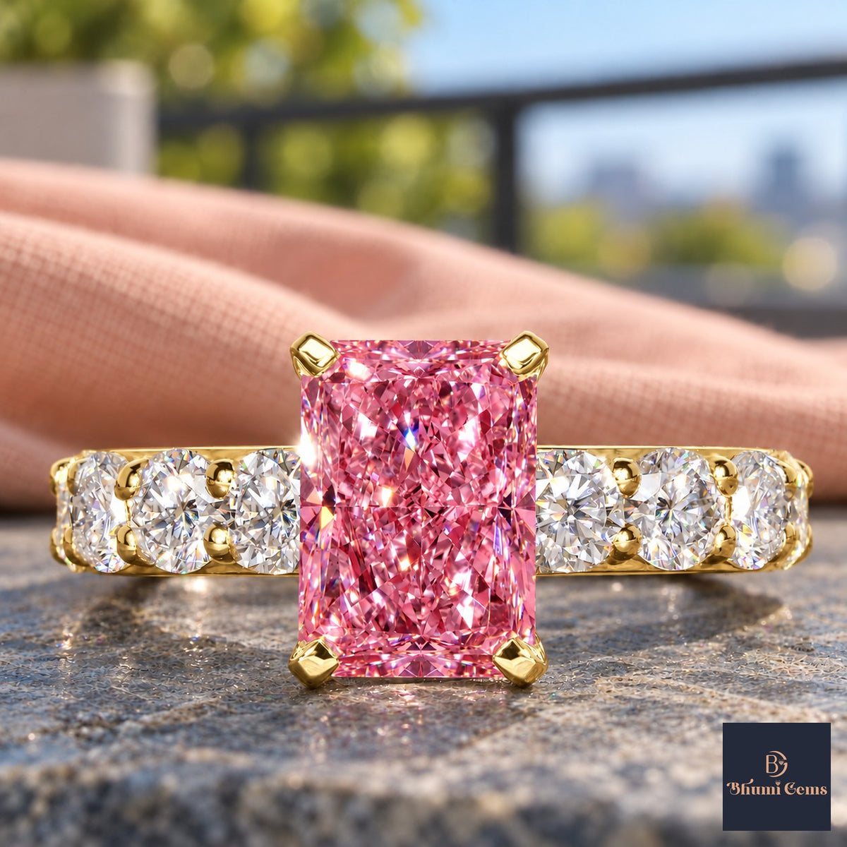 Pink Radiant Cut Lab Grown Diamond Engagement Ring - Shared Prong Band in yellow gold, close-up