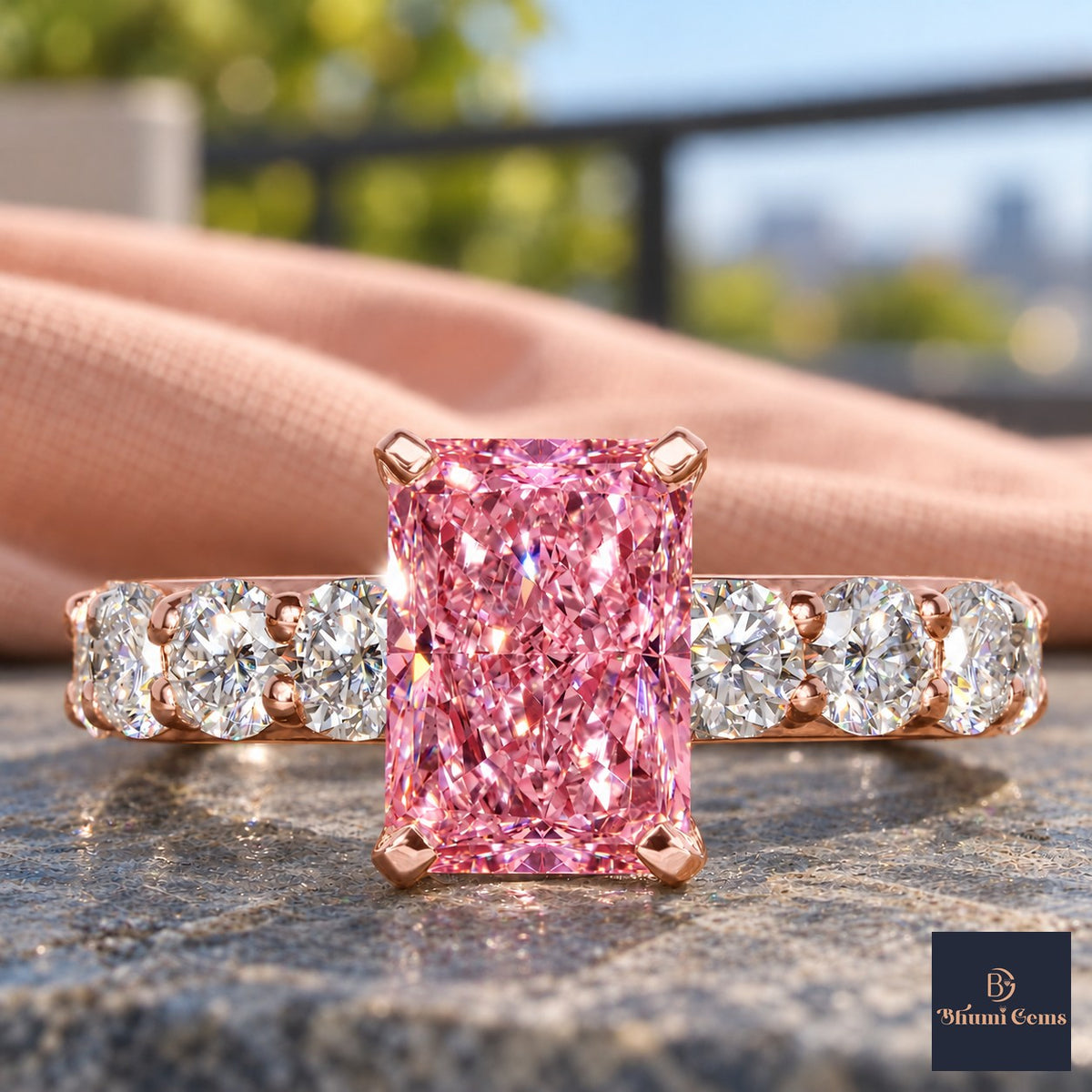 Pink Radiant Cut Lab Grown Diamond Engagement Ring - Shared Prong Band in rose gold, close-up