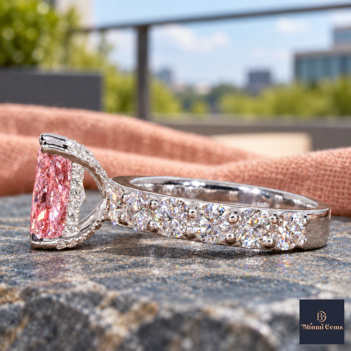 Pink Radiant Cut Lab Grown Diamond Engagement Ring - Shared Prong Band in white gold, side view
