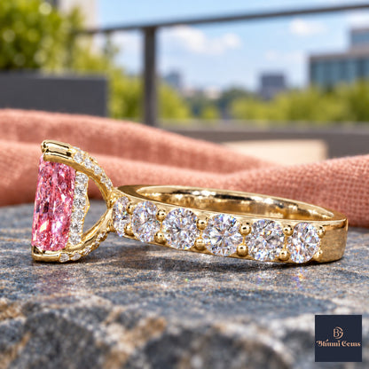 Pink Radiant Cut Lab Grown Diamond Engagement Ring - Shared Prong Band in yellow gold, side view