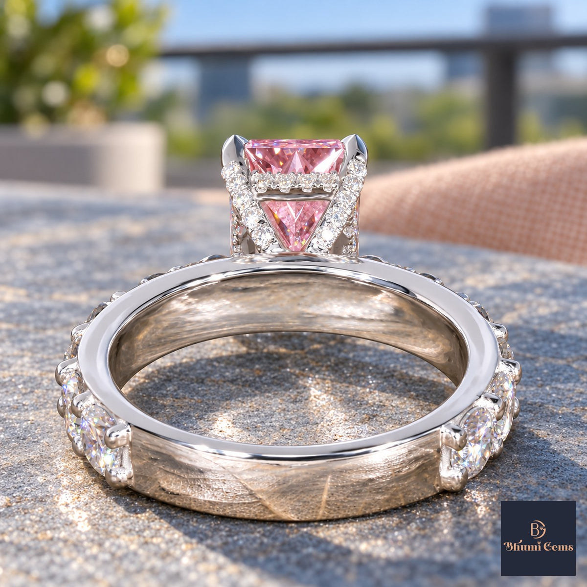 Pink Radiant Cut Lab Grown Diamond Engagement Ring - Shared Prong Band in white gold, gallery view