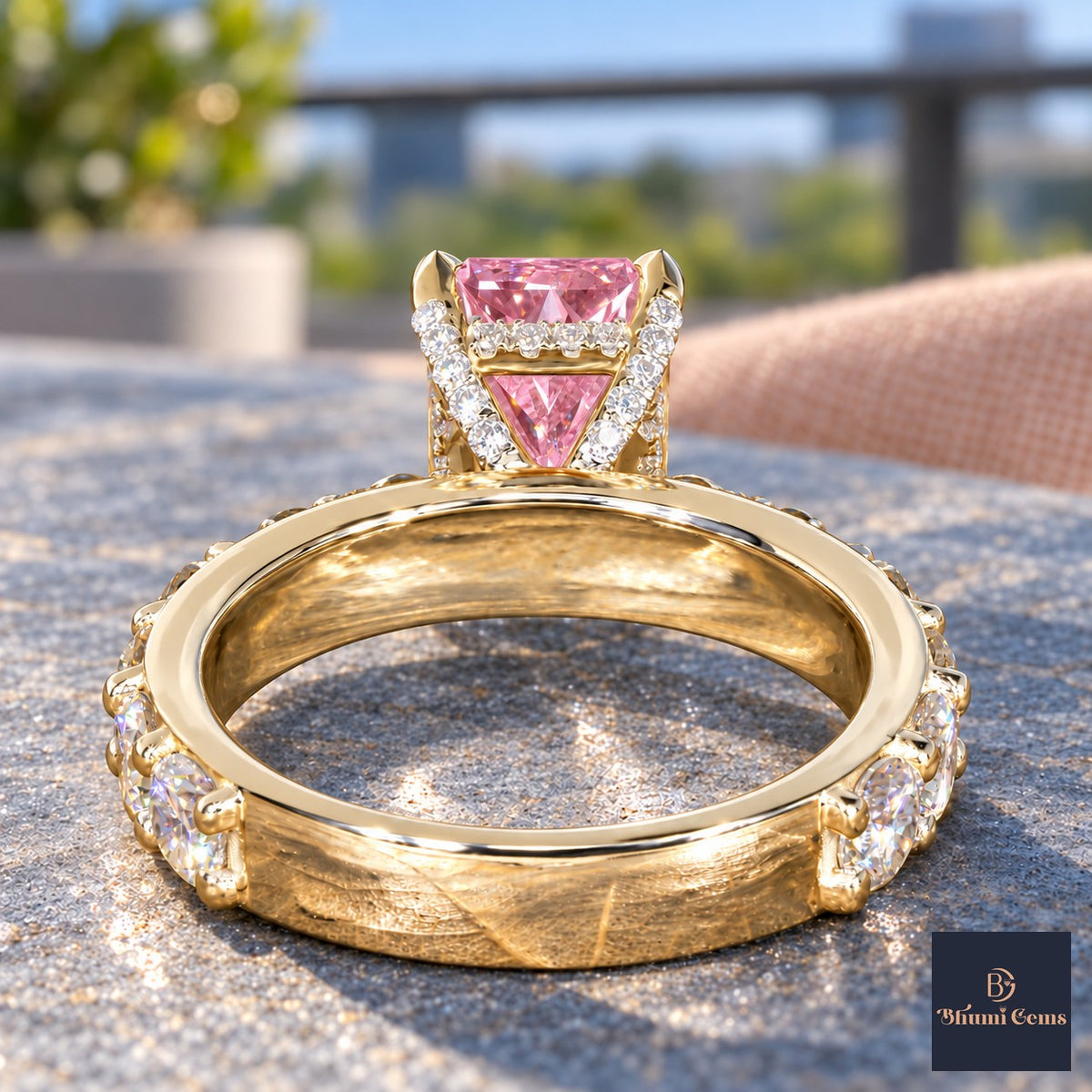 Pink Radiant Cut Lab Grown Diamond Engagement Ring - Shared Prong Band in yellow gold, gallery view