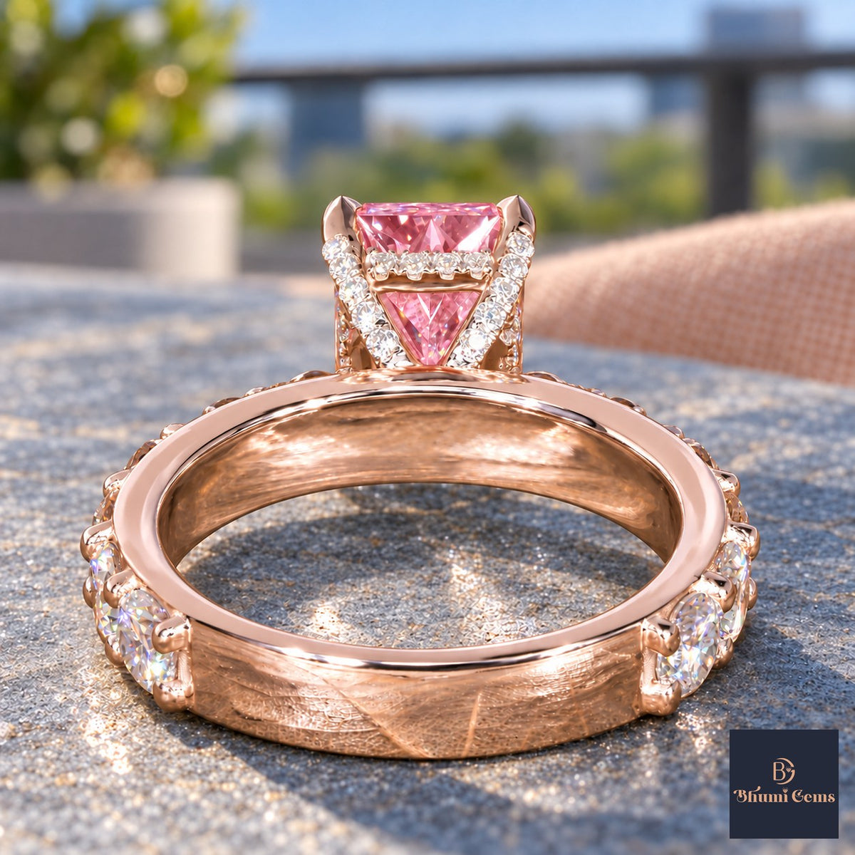 Pink Radiant Cut Lab Grown Diamond Engagement Ring - Shared Prong Band in rose gold, gallery view