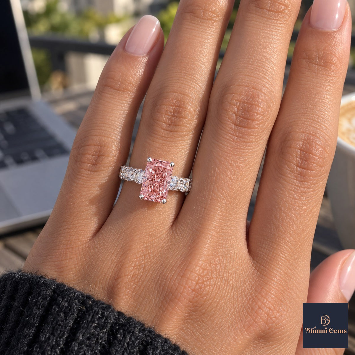 Pink Radiant Cut Lab Grown Diamond Engagement Ring - Shared Prong Band in white gold, on the hand