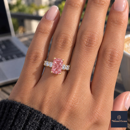 Pink Radiant Cut Lab Grown Diamond Engagement Ring - Shared Prong Band in yellow gold, on the hand