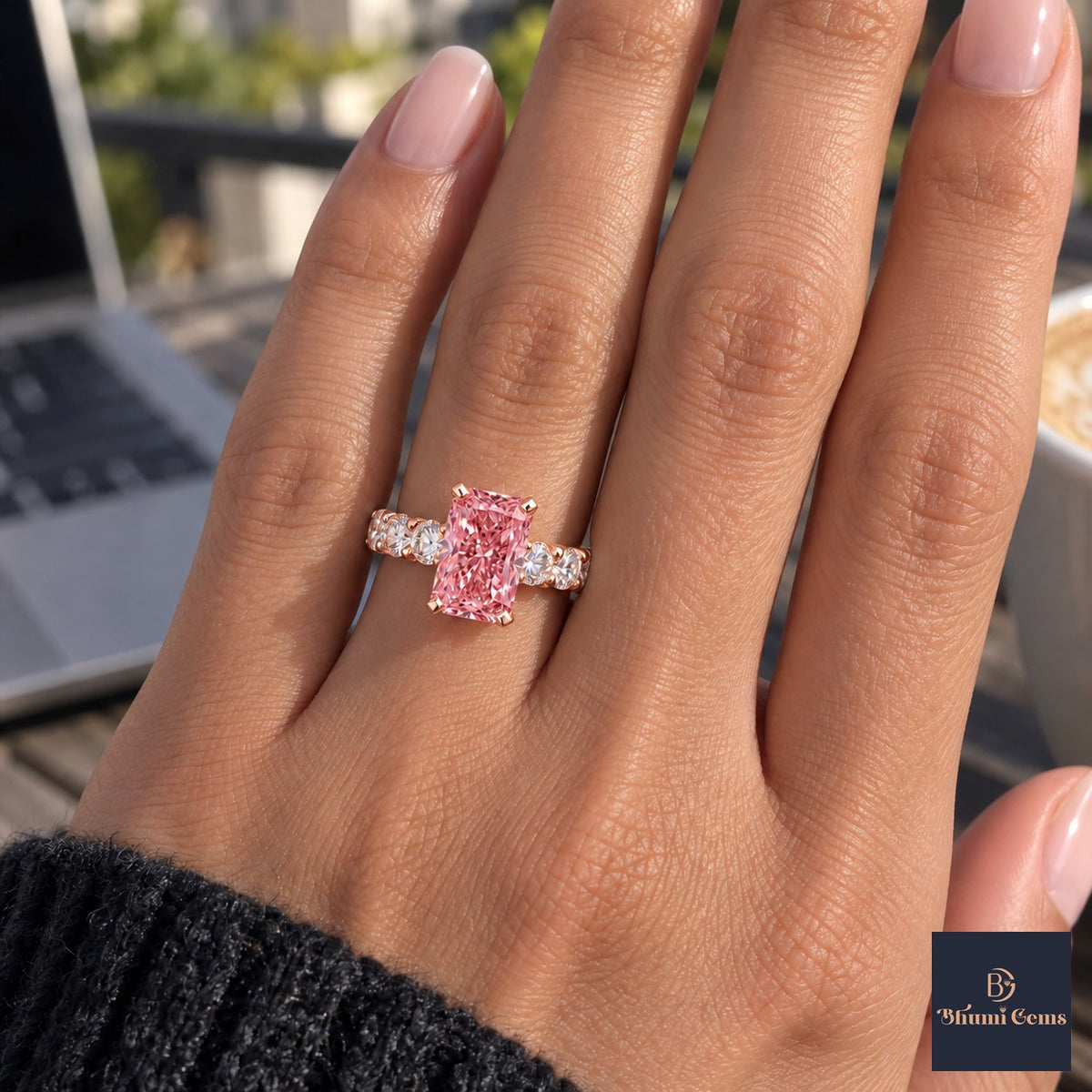Pink Radiant Cut Lab Grown Diamond Engagement Ring - Shared Prong Band in rose gold, on the hand