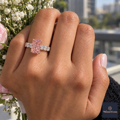 Pink Radiant Cut Lab Grown Diamond Engagement Ring - Shared Prong Band in white gold, worn on the hand