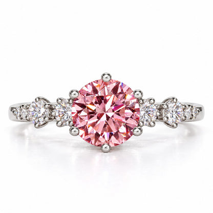Pink Round Cut Lab Grown Diamond Engagement Ring - Cluster Shoulders in white gold, front view