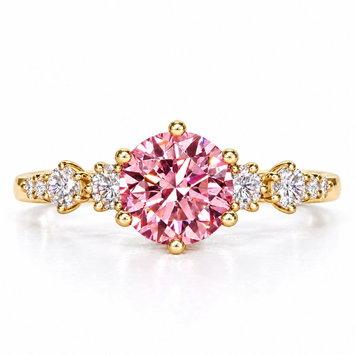 Pink Round Cut Lab Grown Diamond Engagement Ring - Cluster Shoulders in yellow gold, front view