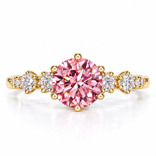 Pink Round Cut Lab Grown Diamond Engagement Ring - Cluster Shoulders in yellow gold, front view