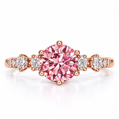 Pink Round Cut Lab Grown Diamond Engagement Ring - Cluster Shoulders in rose gold, front view