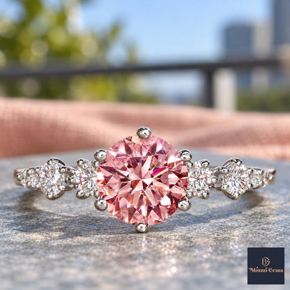 Pink Round Cut Lab Grown Diamond Engagement Ring - Cluster Shoulders in white gold, close-up