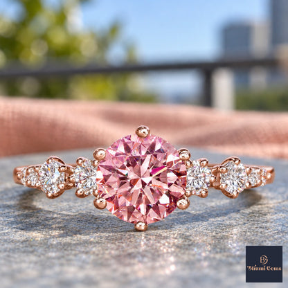 Pink Round Cut Lab Grown Diamond Engagement Ring - Cluster Shoulders in rose gold, close-up
