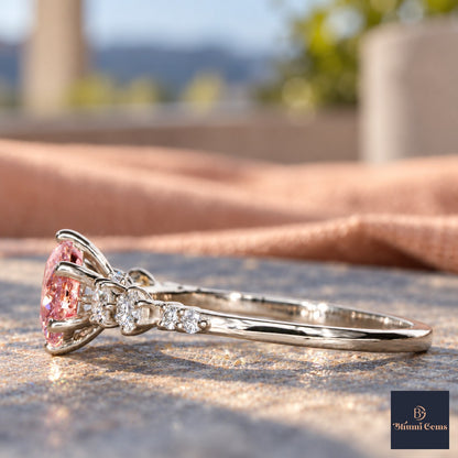 Pink Round Cut Lab Grown Diamond Engagement Ring - Cluster Shoulders in white gold, side view