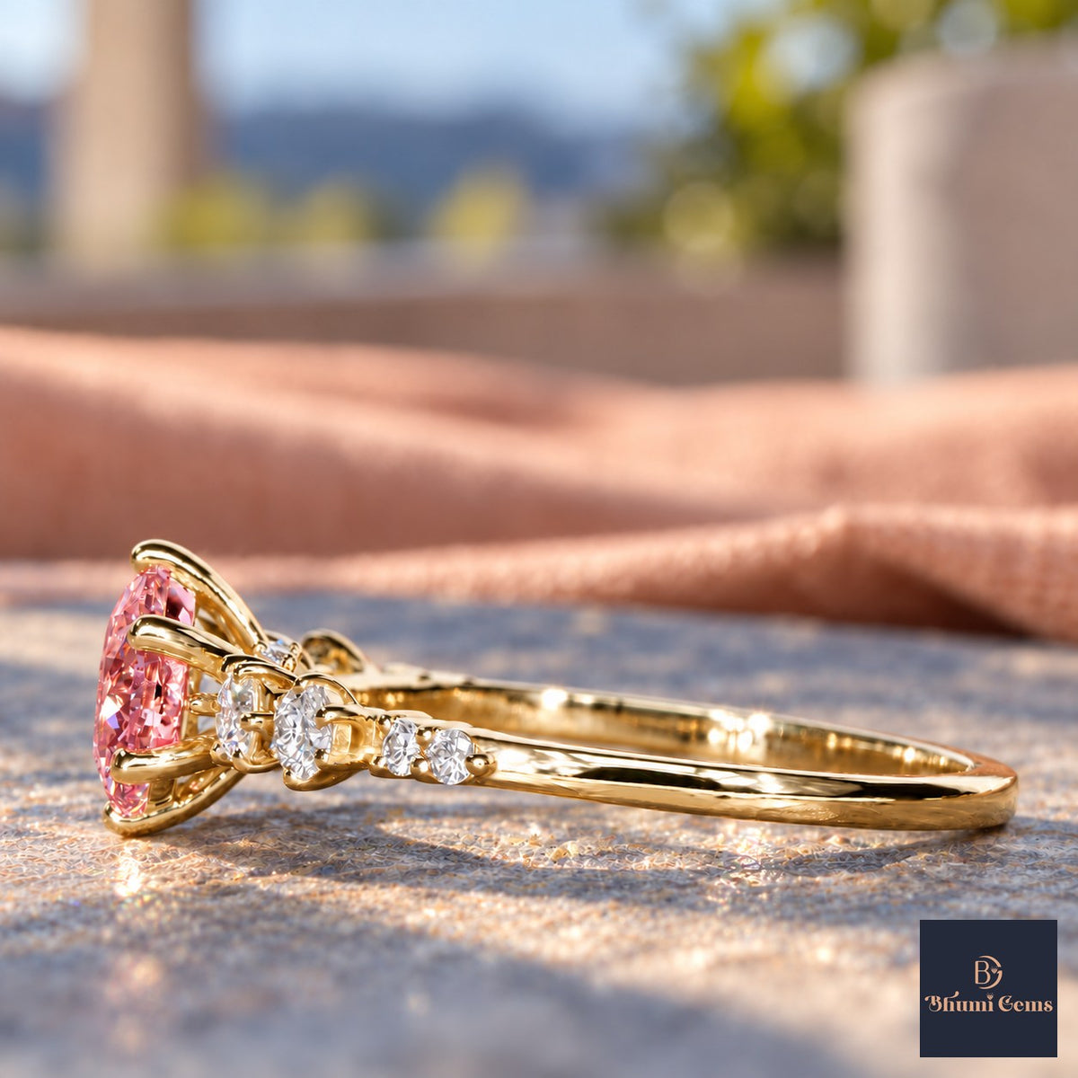 Pink Round Cut Lab Grown Diamond Engagement Ring - Cluster Shoulders in yellow gold, side view