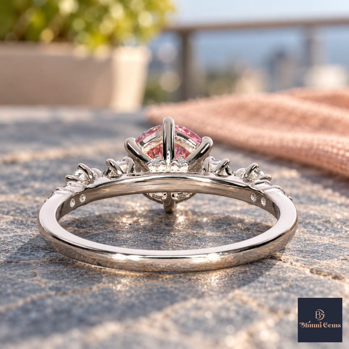 Pink Round Cut Lab Grown Diamond Engagement Ring - Cluster Shoulders in white gold, gallery view