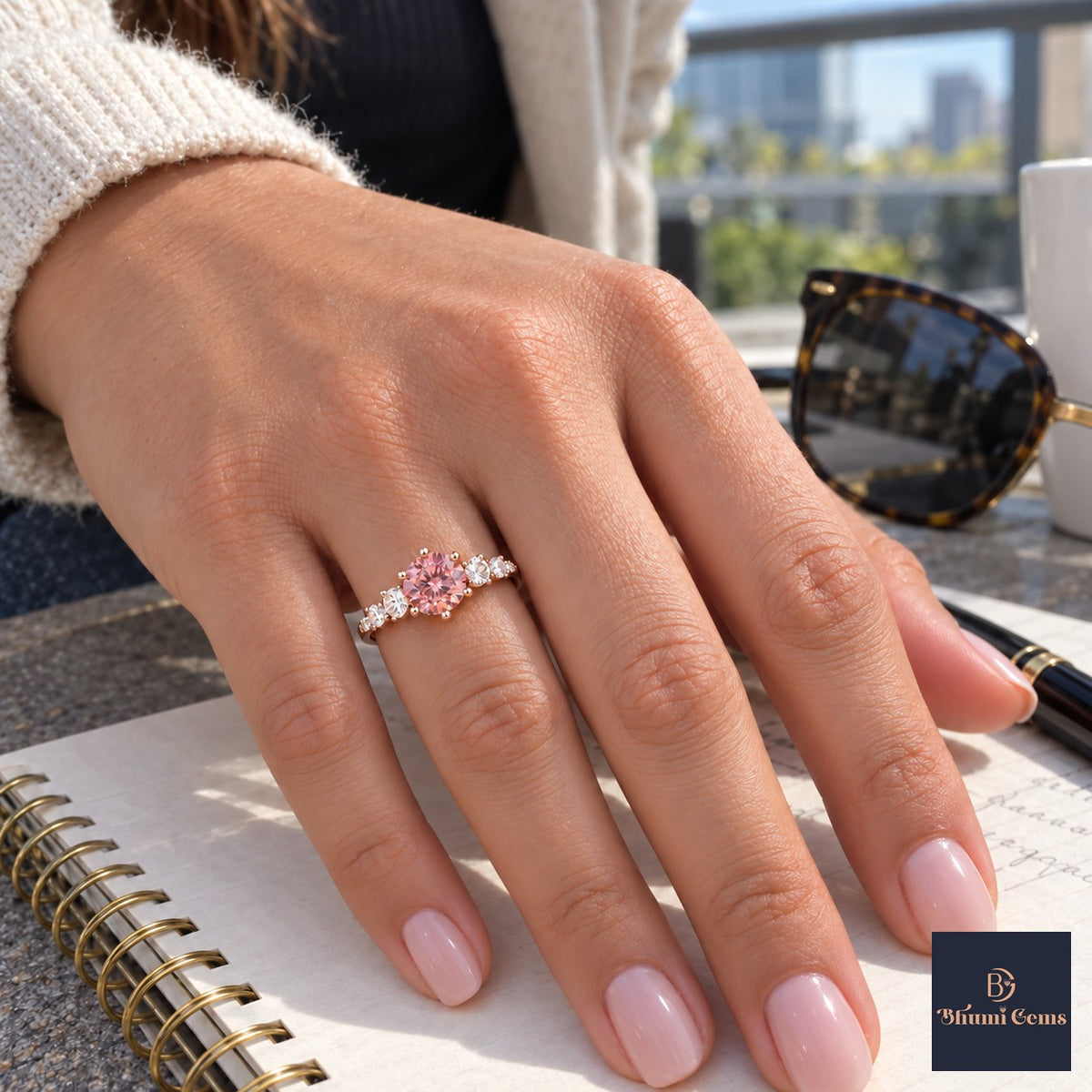 Pink Round Cut Lab Grown Diamond Engagement Ring - Cluster Shoulders in rose gold, worn on the hand