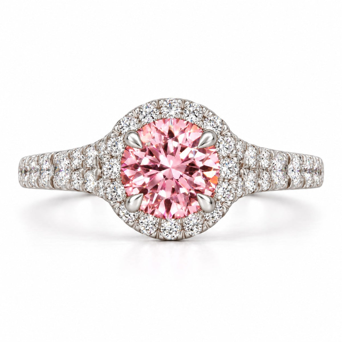 Pink Round Cut Lab Grown Diamond Engagement Ring - Halo Pave in white gold, front view