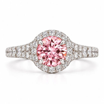 Pink Round Cut Lab Grown Diamond Engagement Ring - Halo Pave in white gold, front view