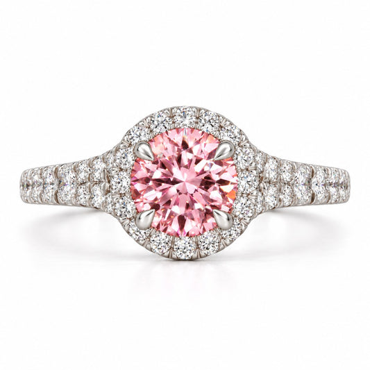 Pink Round Cut Lab Grown Diamond Engagement Ring - Halo Pave in white gold, front view