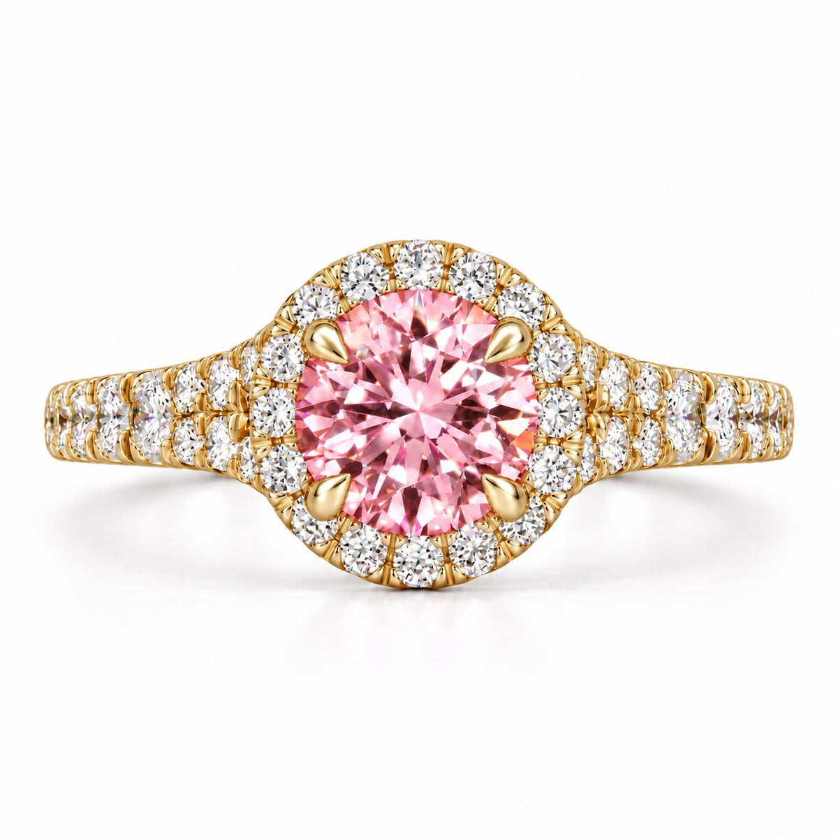 Pink Round Cut Lab Grown Diamond Engagement Ring - Halo Pave in yellow gold, front view