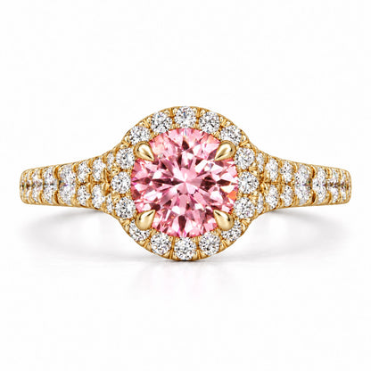 Pink Round Cut Lab Grown Diamond Engagement Ring - Halo Pave in yellow gold, front view